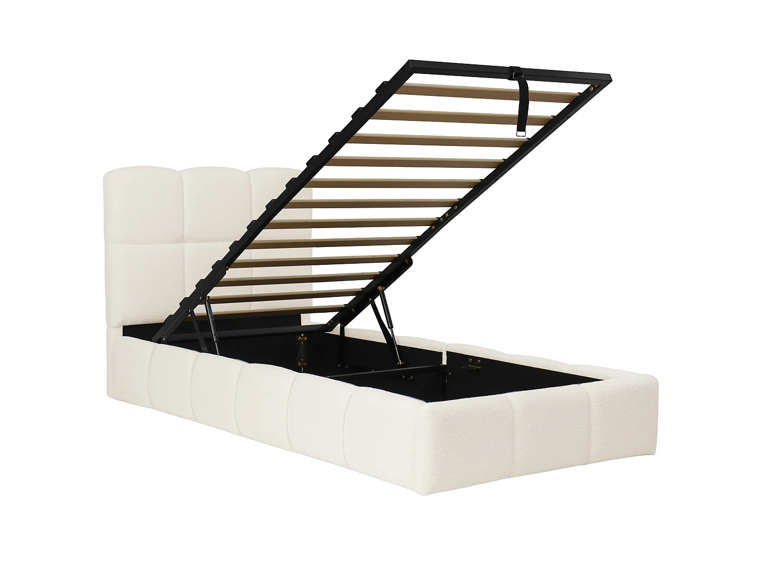 Barnsäng med förvaring 90x200 cm i beige bouclétyg med USB- och Type-C-portar