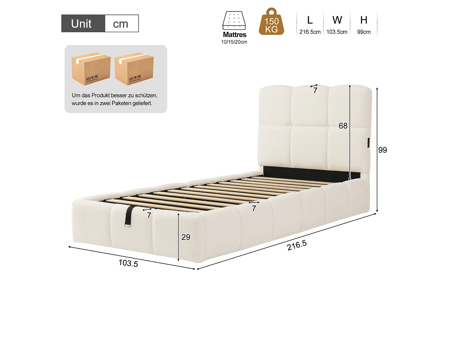 Barnsäng med förvaring 90x200 cm i beige bouclétyg med USB- och Type-C-portar