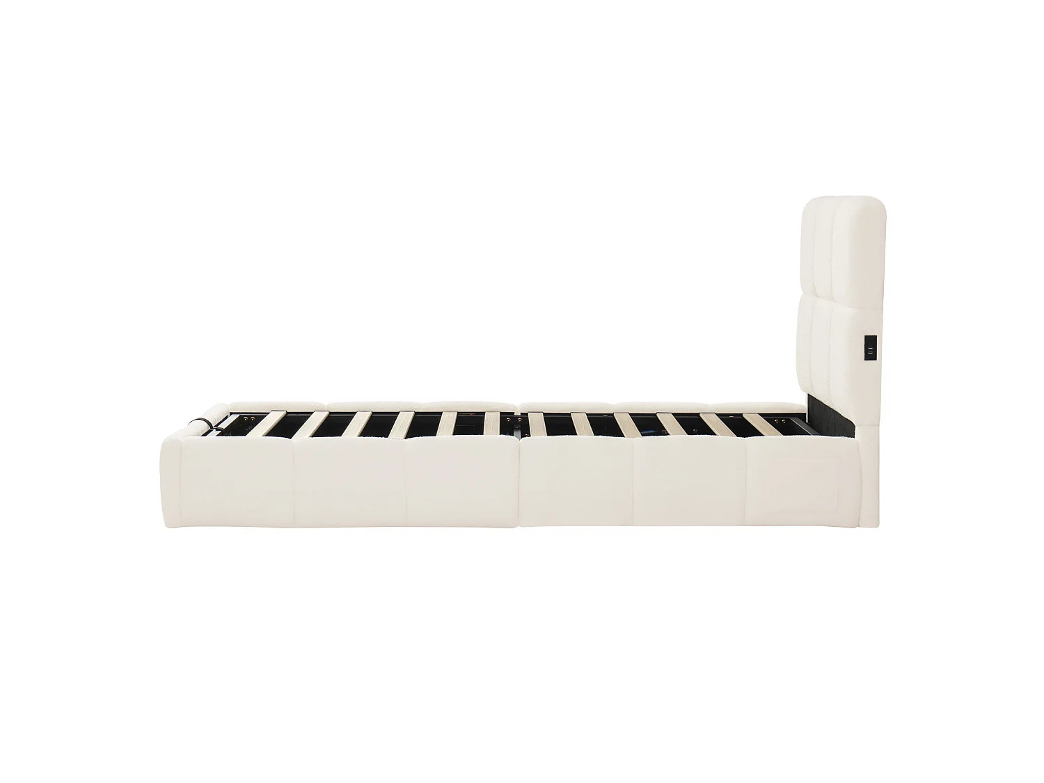 Barnsäng med förvaring 90x200 cm i beige bouclétyg med USB- och Type-C-portar