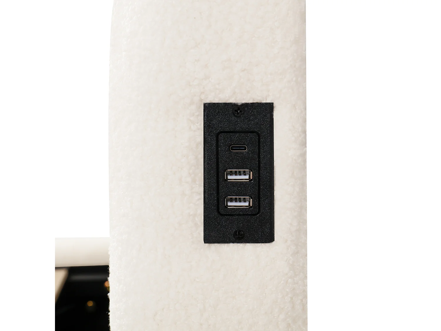 Barnsäng med förvaring 90x200 cm i beige bouclétyg med USB- och Type-C-portar