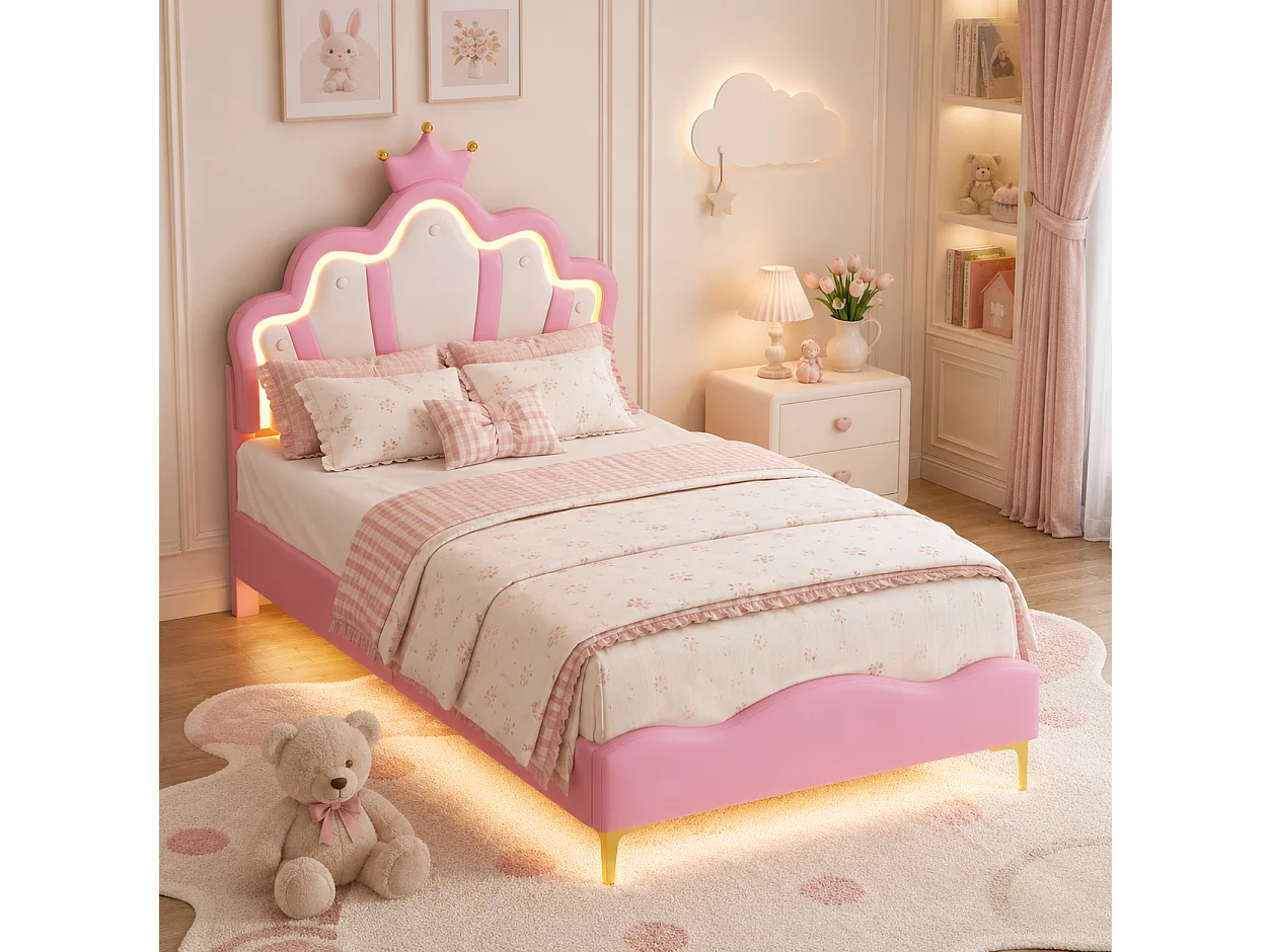 Lit Enfant Fille 90x190 cm, Lit Princesse avec LED, Tête de Lit Réglable en Hauteur en Forme de Couronne, pour Adolescent, Sommier à Lattes, PU, Rose