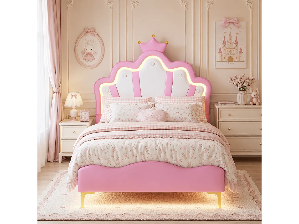 Lit Enfant Fille 90x190 cm, Lit Princesse avec LED, Tête de Lit Réglable en Hauteur en Forme de Couronne, pour Adolescent, Sommier à Lattes, PU, Rose