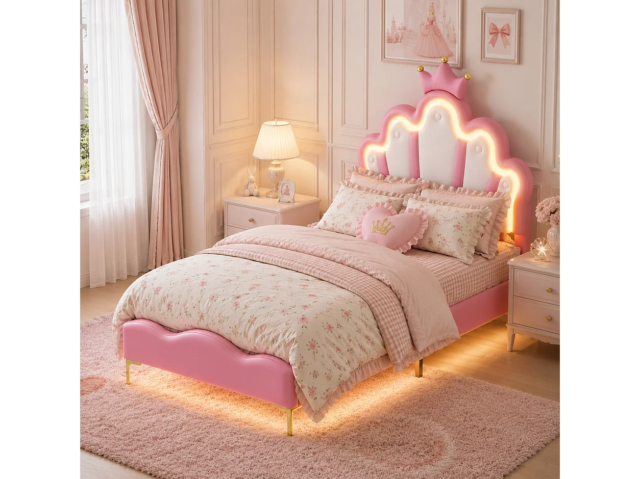 Lit Enfant Fille 90x190 cm, Lit Princesse avec LED, Tête de Lit Réglable en Hauteur en Forme de Couronne, pour Adolescent, Sommier à Lattes, PU, Rose