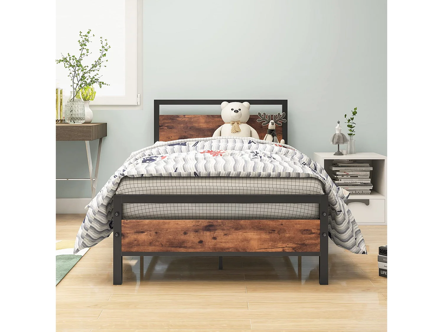 Lit enfant 90x200 cm en métal brun avec sommier à lattes