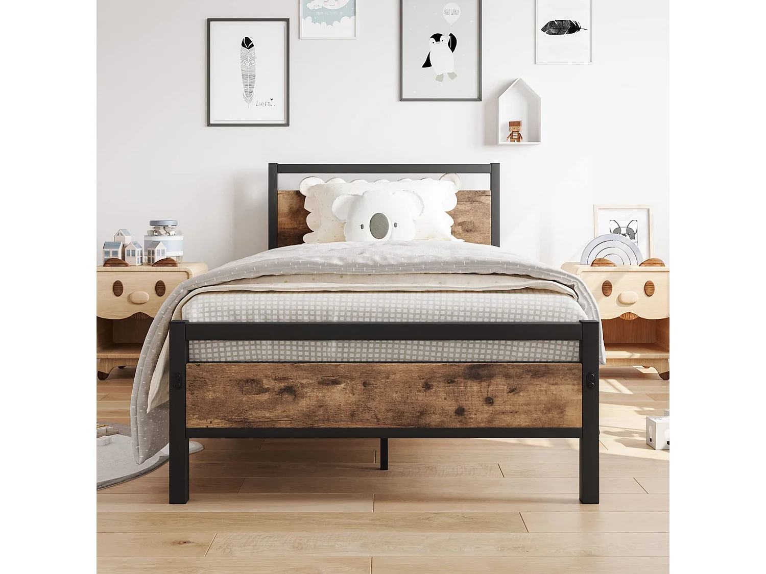 Lit enfant 90x200 cm en métal brun avec sommier à lattes