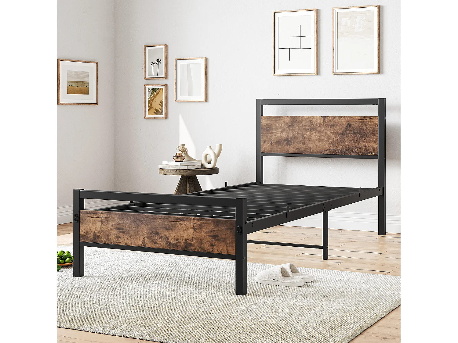 Lit enfant 90x200 cm en métal brun avec sommier à lattes