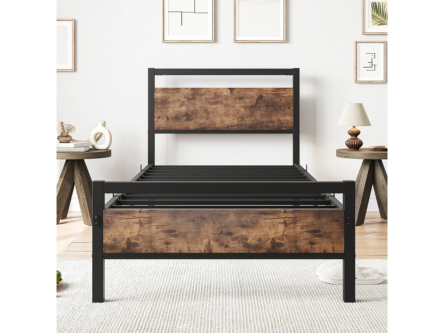 Lit enfant 90x200 cm en métal brun avec sommier à lattes