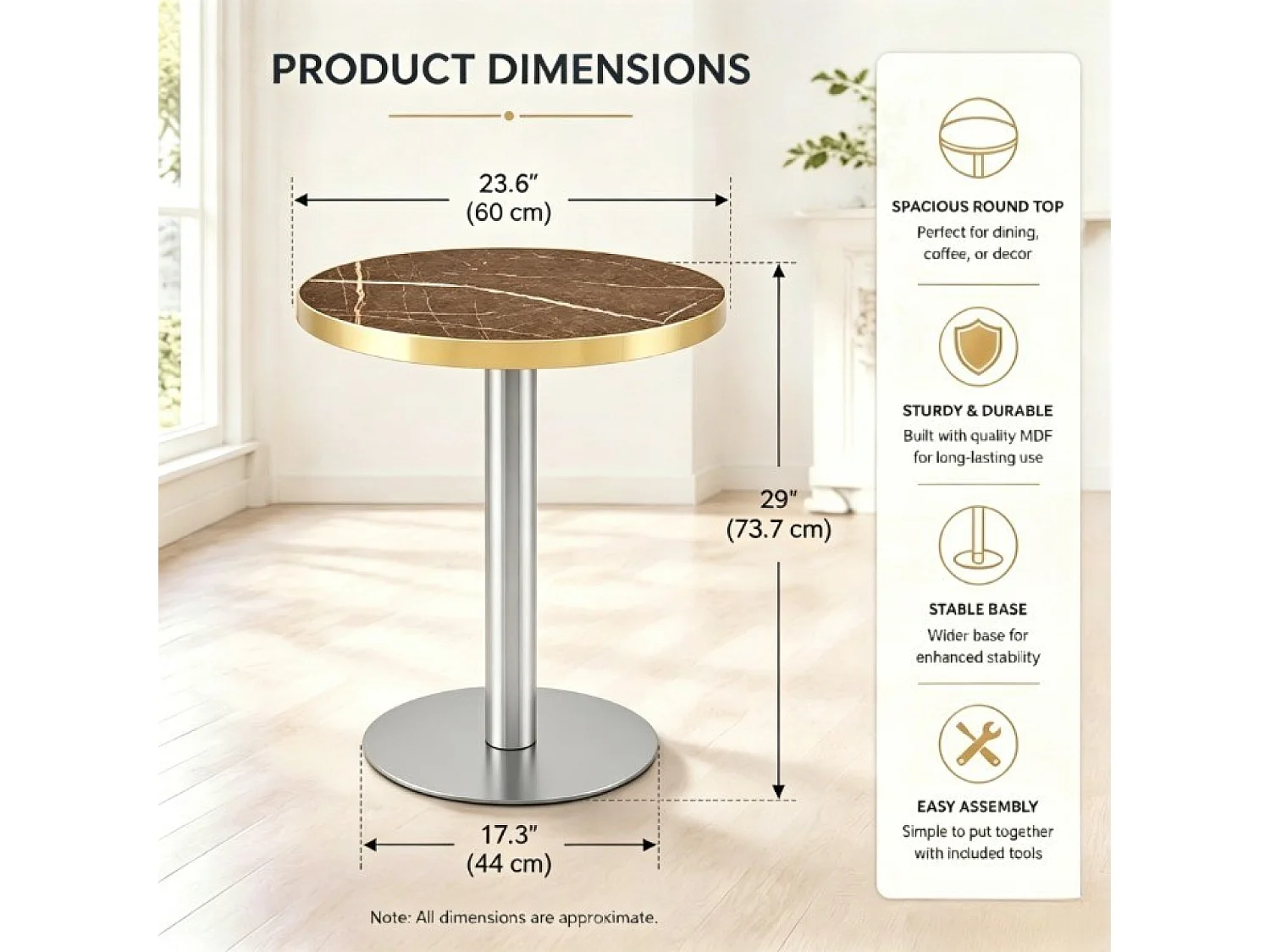 Runt sidobord, 60 cm, grå marmoreffekt - Silverfärgad rostfri stålbas