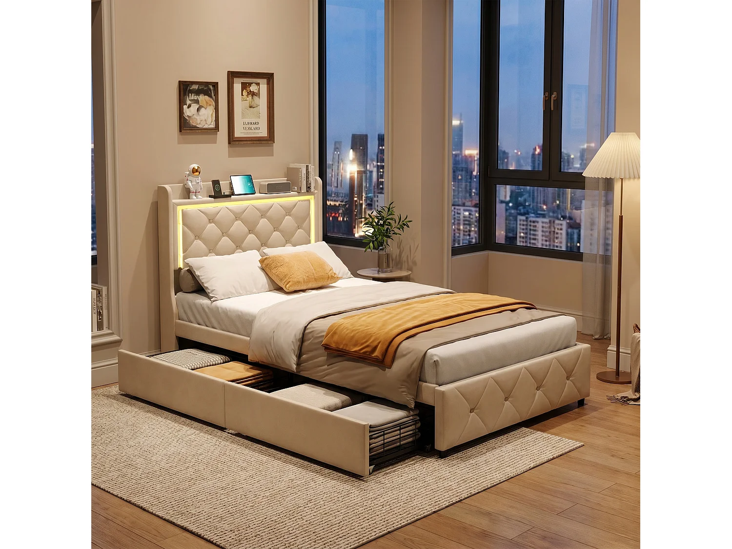 Lit 90x200 avec tiroirs et Espace de Rangement - Lit Coffre 90x200 avec LED et USB - Lit simple 90x200 - Lit avec Rangement et sommier á Lattes - Velours Beige