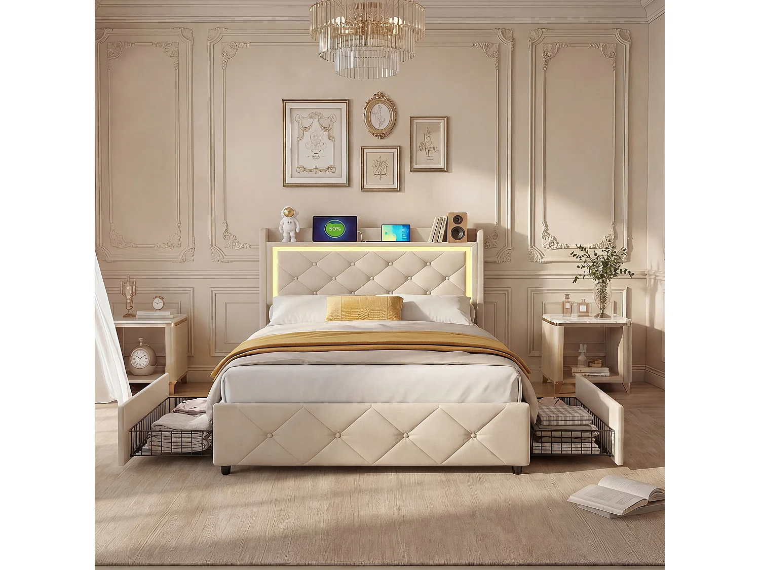 Lit 90x200 avec tiroirs et Espace de Rangement - Lit Coffre 90x200 avec LED et USB - Lit simple 90x200 - Lit avec Rangement et sommier á Lattes - Velours Beige