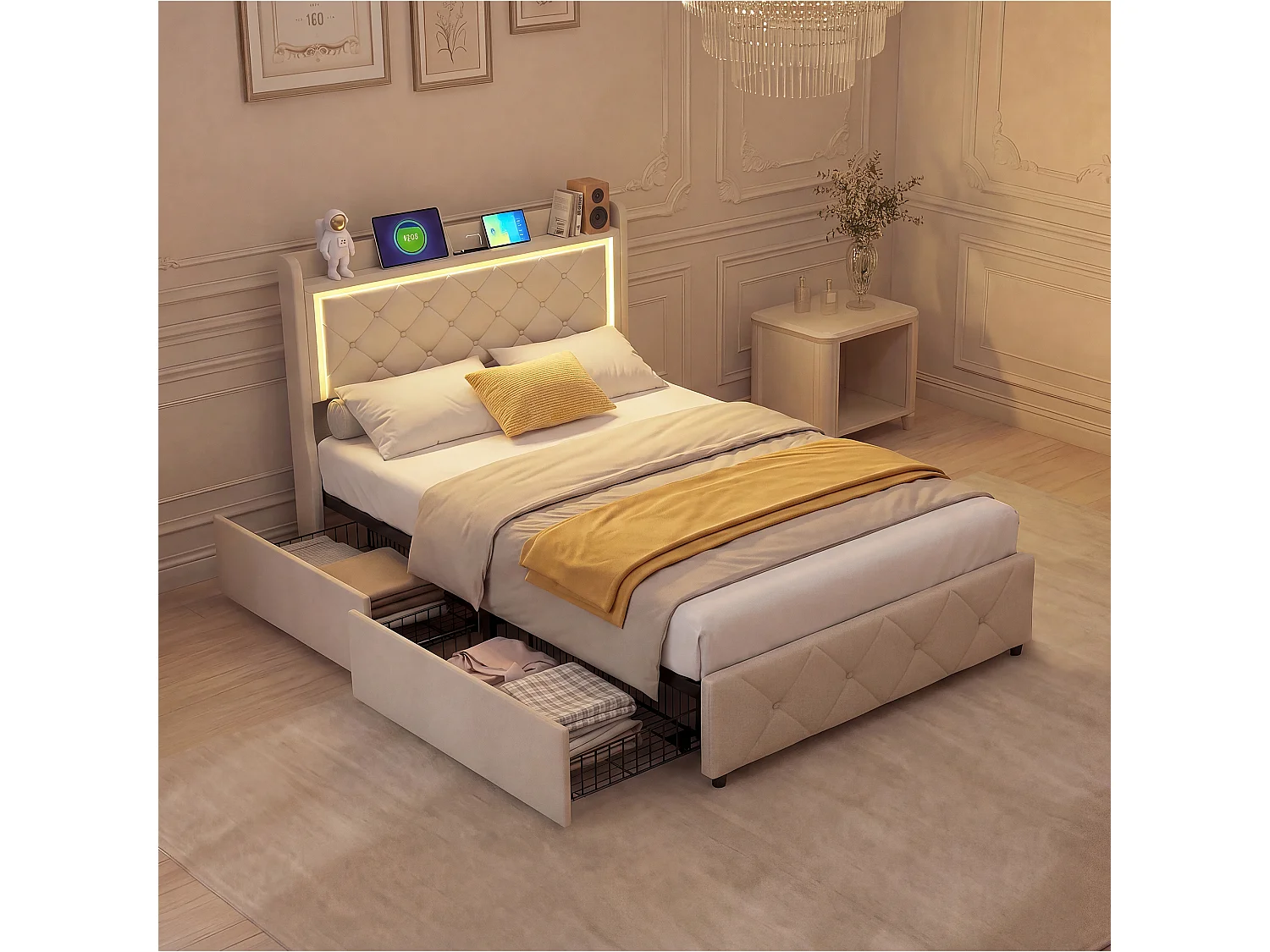 Lit 90x200 avec tiroirs et Espace de Rangement - Lit Coffre 90x200 avec LED et USB - Lit simple 90x200 - Lit avec Rangement et sommier á Lattes - Velours Beige