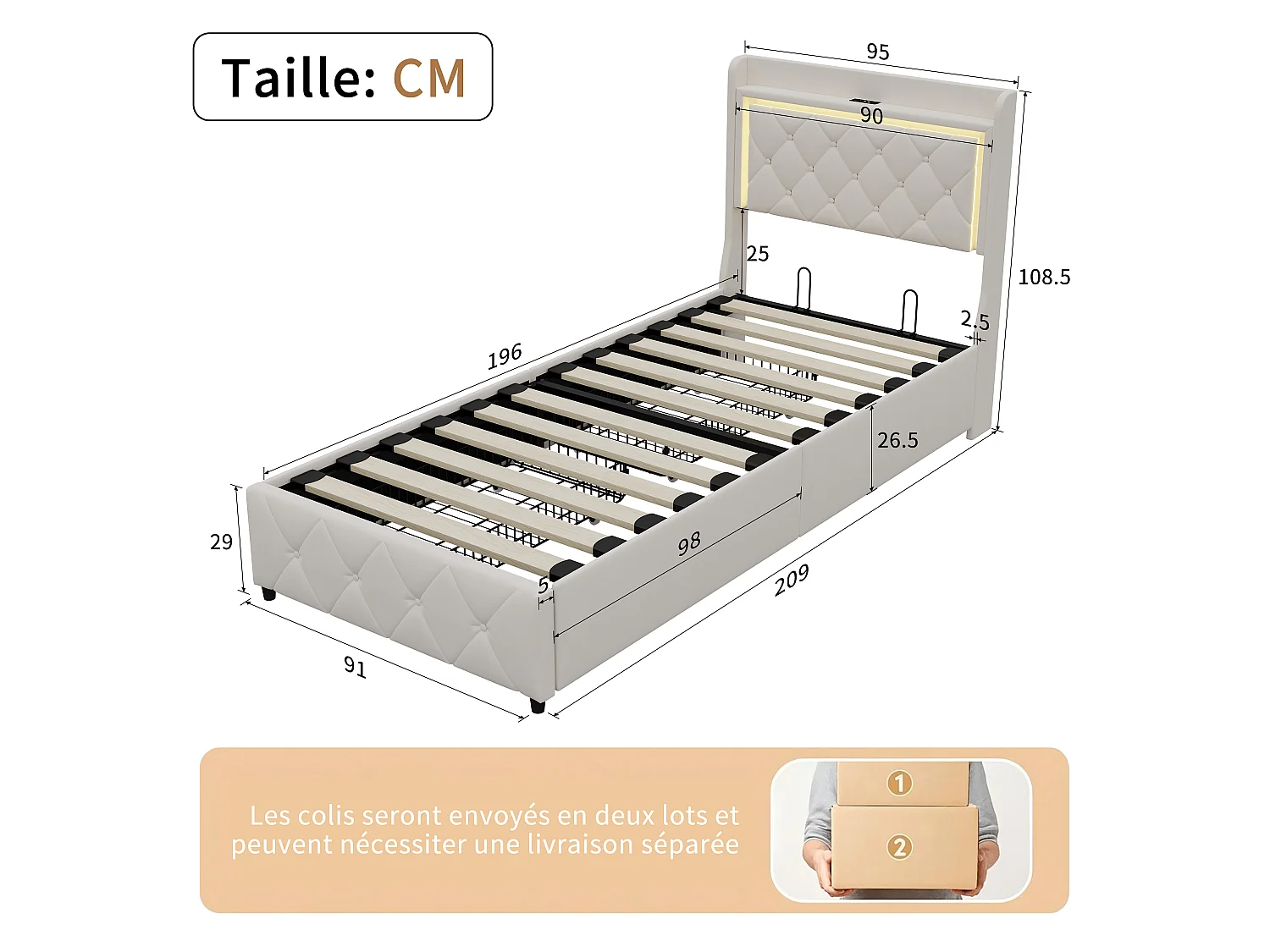 Lit 90x200 avec tiroirs et Espace de Rangement - Lit Coffre 90x200 avec LED et USB - Lit simple 90x200 - Lit avec Rangement et sommier á Lattes - Velours Beige