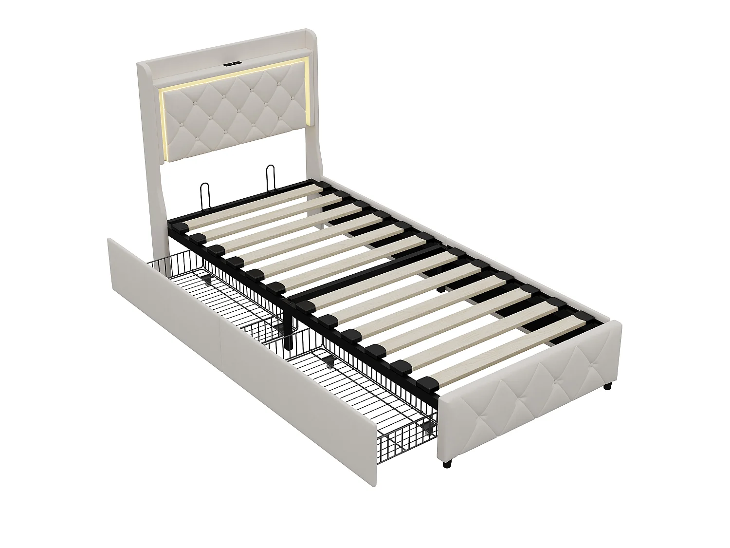 Lit 90x200 avec tiroirs et Espace de Rangement - Lit Coffre 90x200 avec LED et USB - Lit simple 90x200 - Lit avec Rangement et sommier á Lattes - Velours Beige