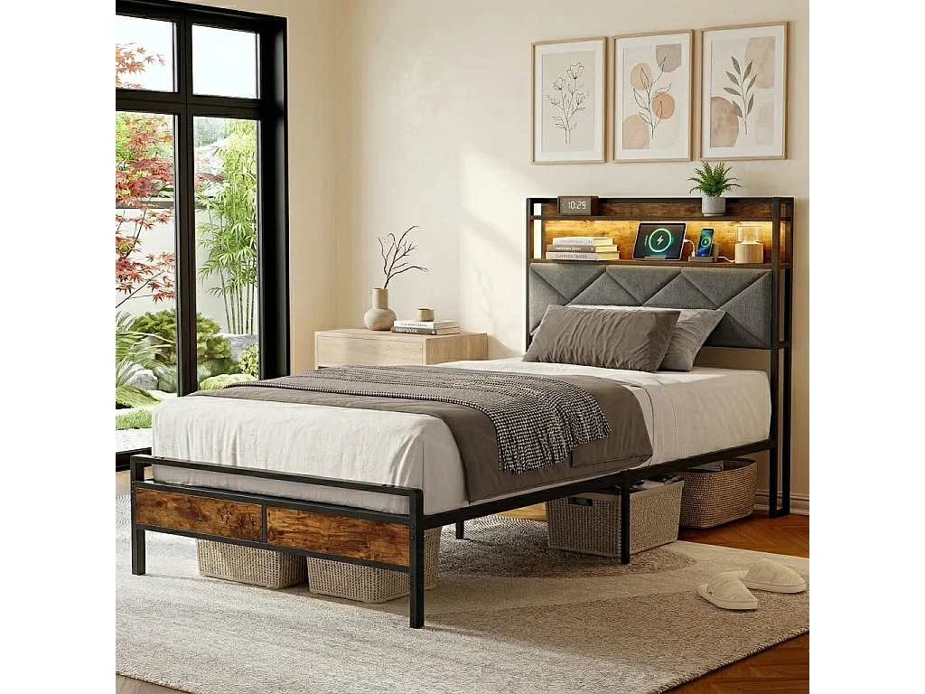 Lit Métal 90x200 cm avec Sommier LED et USB, Lit simple avec Sommier à Lattes et Rangement, Tête de Lit LED et Rembourré, sans Matelas, Lin, Marron
