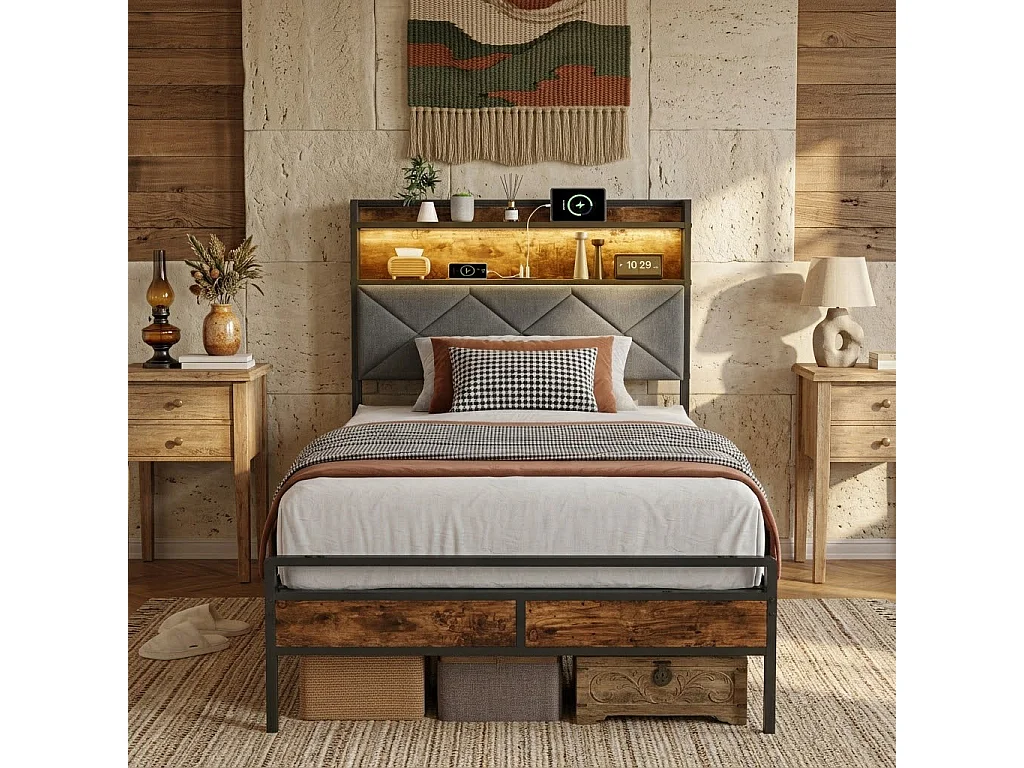Lit Métal 90x200 cm avec Sommier LED et USB, Lit simple avec Sommier à Lattes et Rangement, Tête de Lit LED et Rembourré, sans Matelas, Lin, Marron