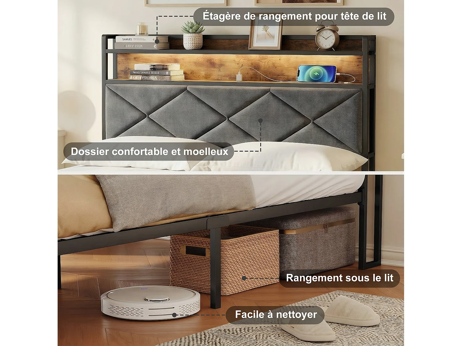 Lit Métal 90x200 cm avec Sommier LED et USB, Lit simple avec Sommier à Lattes et Rangement, Tête de Lit LED et Rembourré, sans Matelas, Lin, Marron