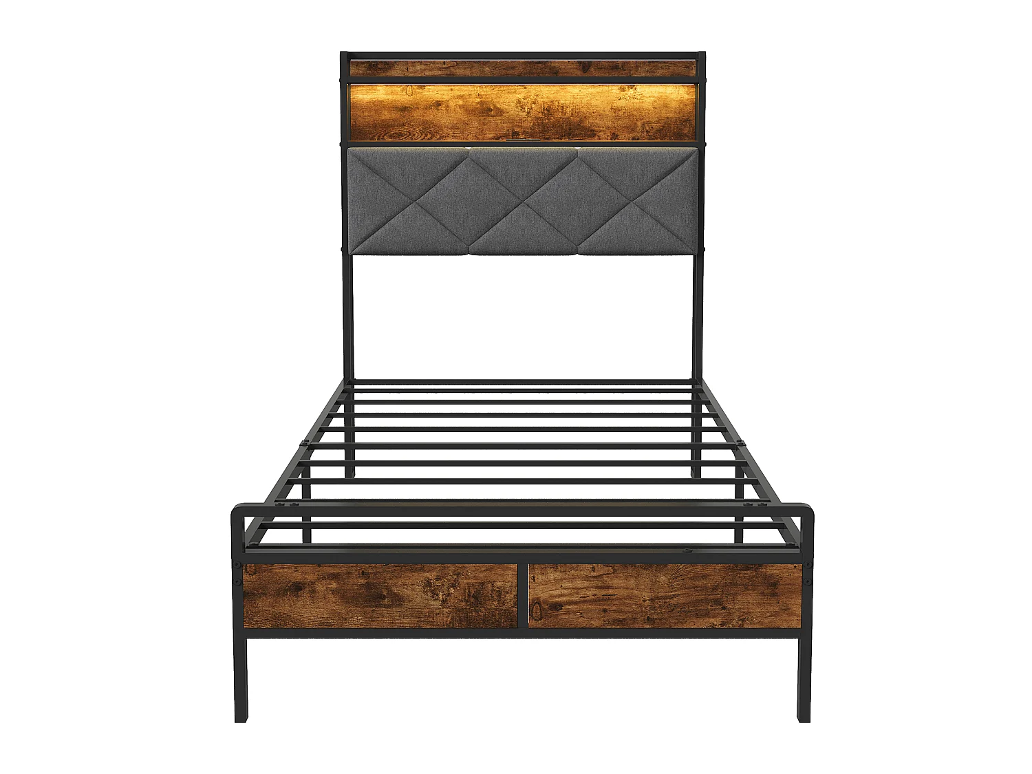 Lit Métal 90x200 cm avec Sommier LED et USB, Lit simple avec Sommier à Lattes et Rangement, Tête de Lit LED et Rembourré, sans Matelas, Lin, Marron