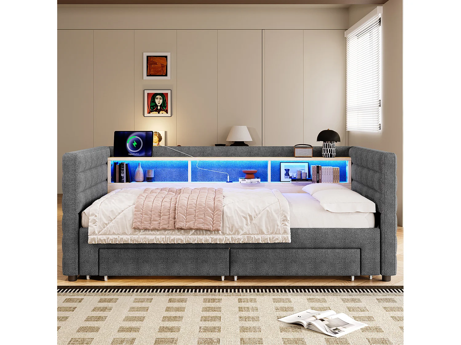 Lit banquette 90 × 190 cm convertible avec ports USB et 2 tiroirs - Lit enfant / adulte en velours gris