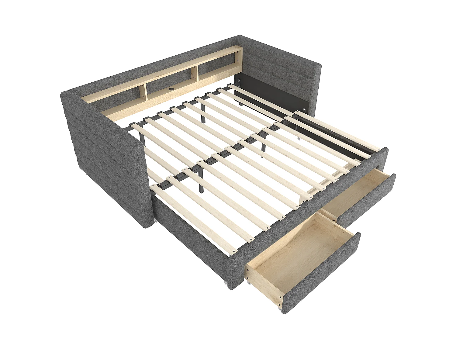 Lit banquette 90 × 190 cm convertible avec ports USB et 2 tiroirs - Lit enfant / adulte en velours gris