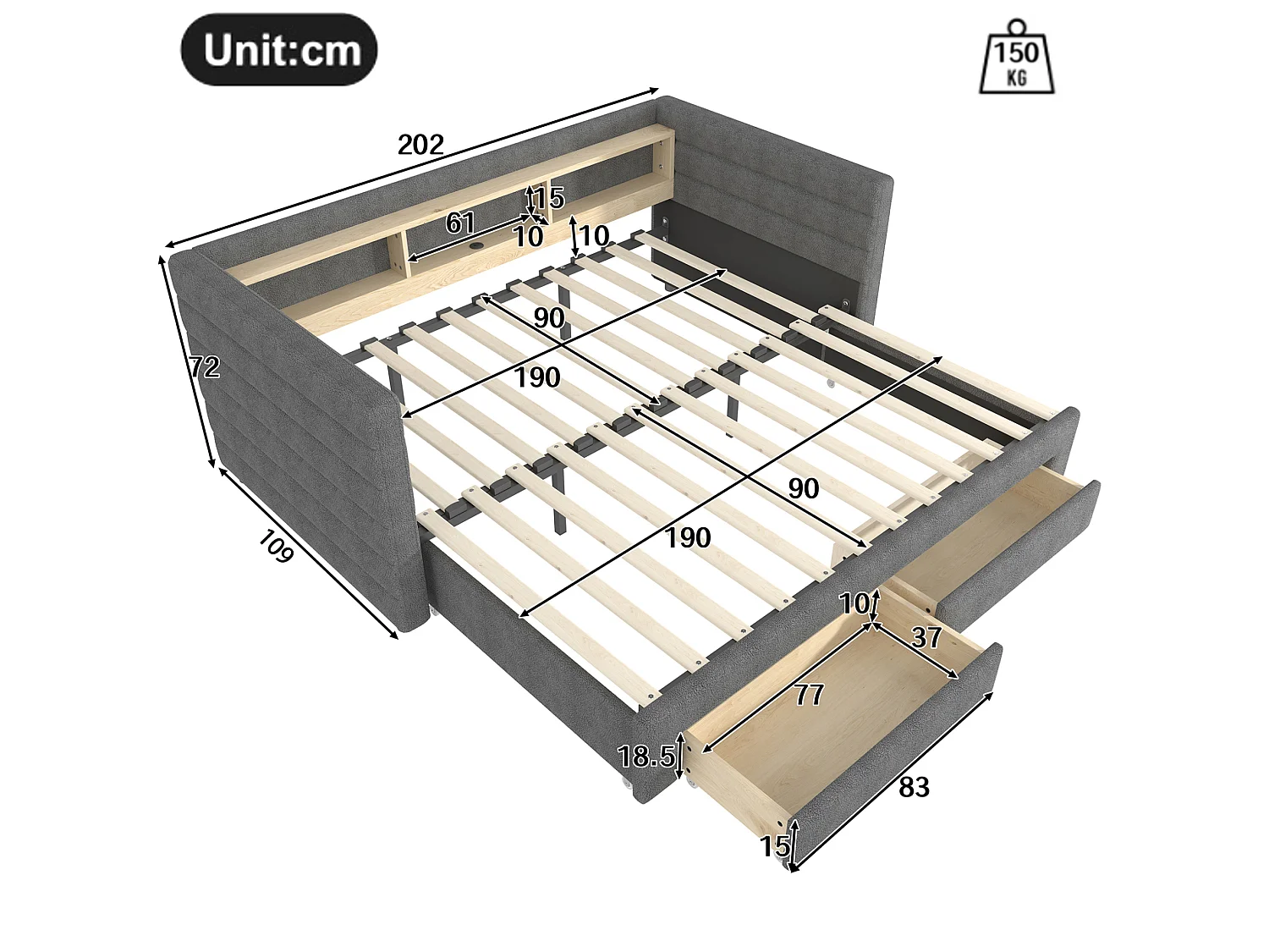 Lit banquette 90 × 190 cm convertible avec ports USB et 2 tiroirs - Lit enfant / adulte en velours gris