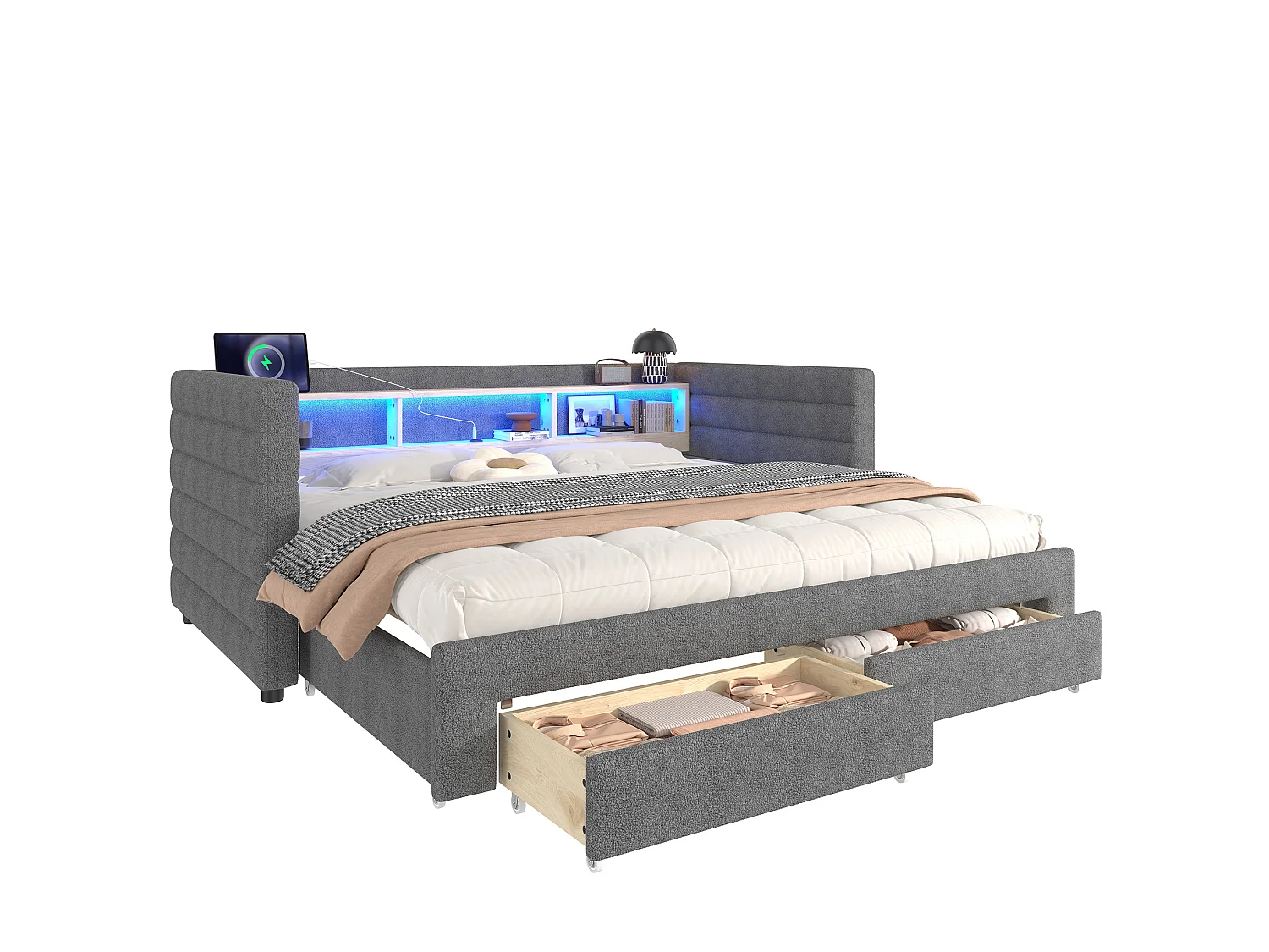 Lit banquette 90 × 190 cm convertible avec ports USB et 2 tiroirs - Lit enfant / adulte en velours gris