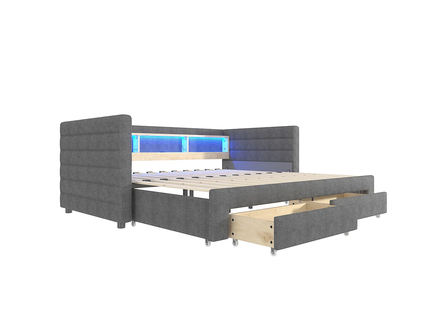 Lit banquette 90 × 190 cm convertible avec ports USB et 2 tiroirs - Lit enfant / adulte en velours gris