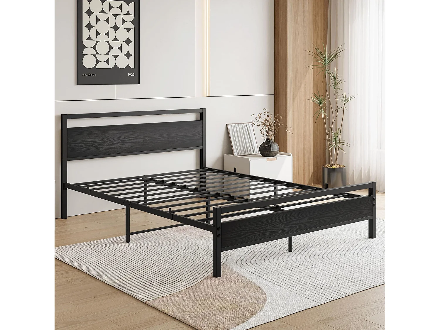 Lit adulte 140x200 cm en métal avec sommier à lattes - Noir