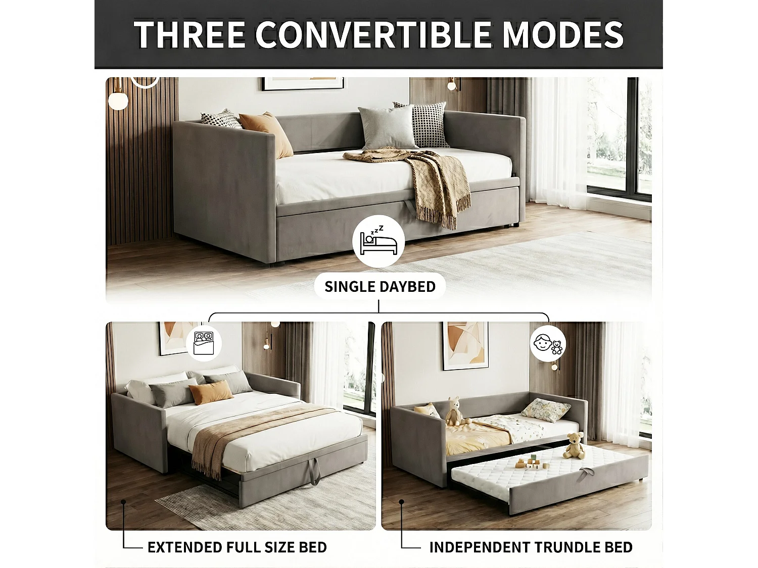 DreamMespace Canapé-lit gigogne relevable en velours avec sommier - 90/180x200 cm - Gris