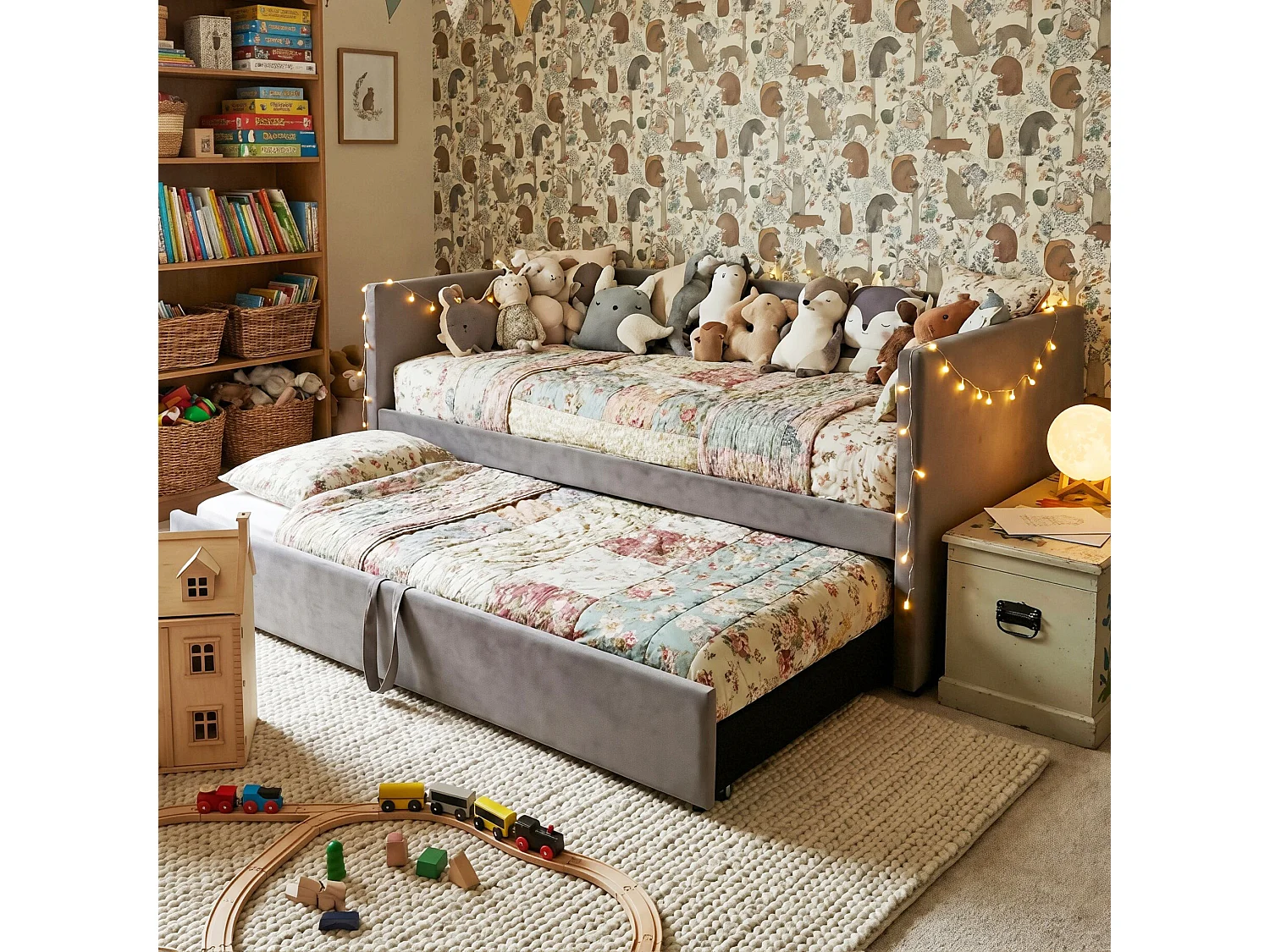 DreamMespace Canapé-lit gigogne relevable en velours avec sommier - 90/180x200 cm - Gris