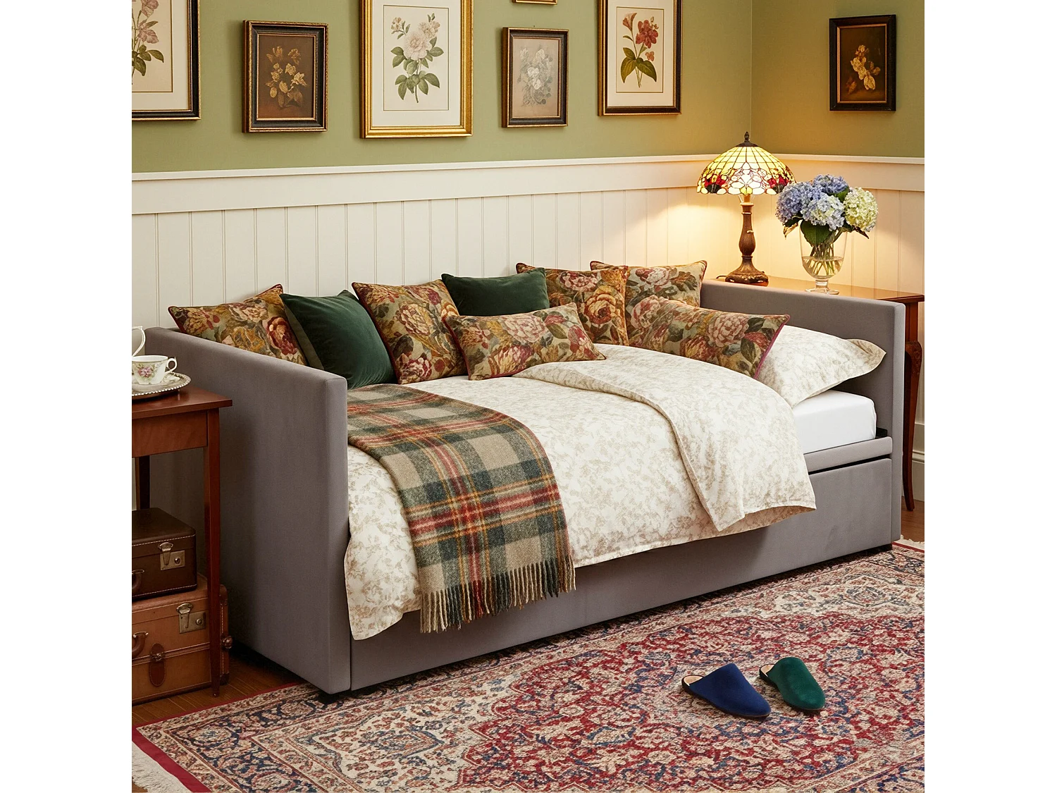 DreamMespace Canapé-lit gigogne relevable en velours avec sommier - 90/180x200 cm - Gris