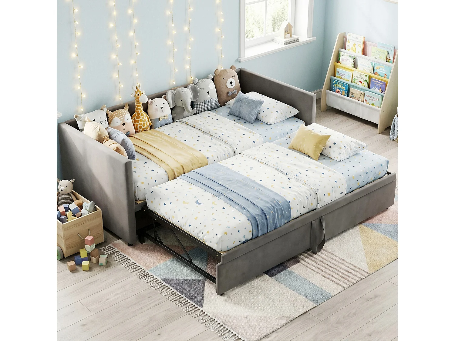 DreamMespace Canapé-lit gigogne relevable en velours avec sommier - 90/180x200 cm - Gris