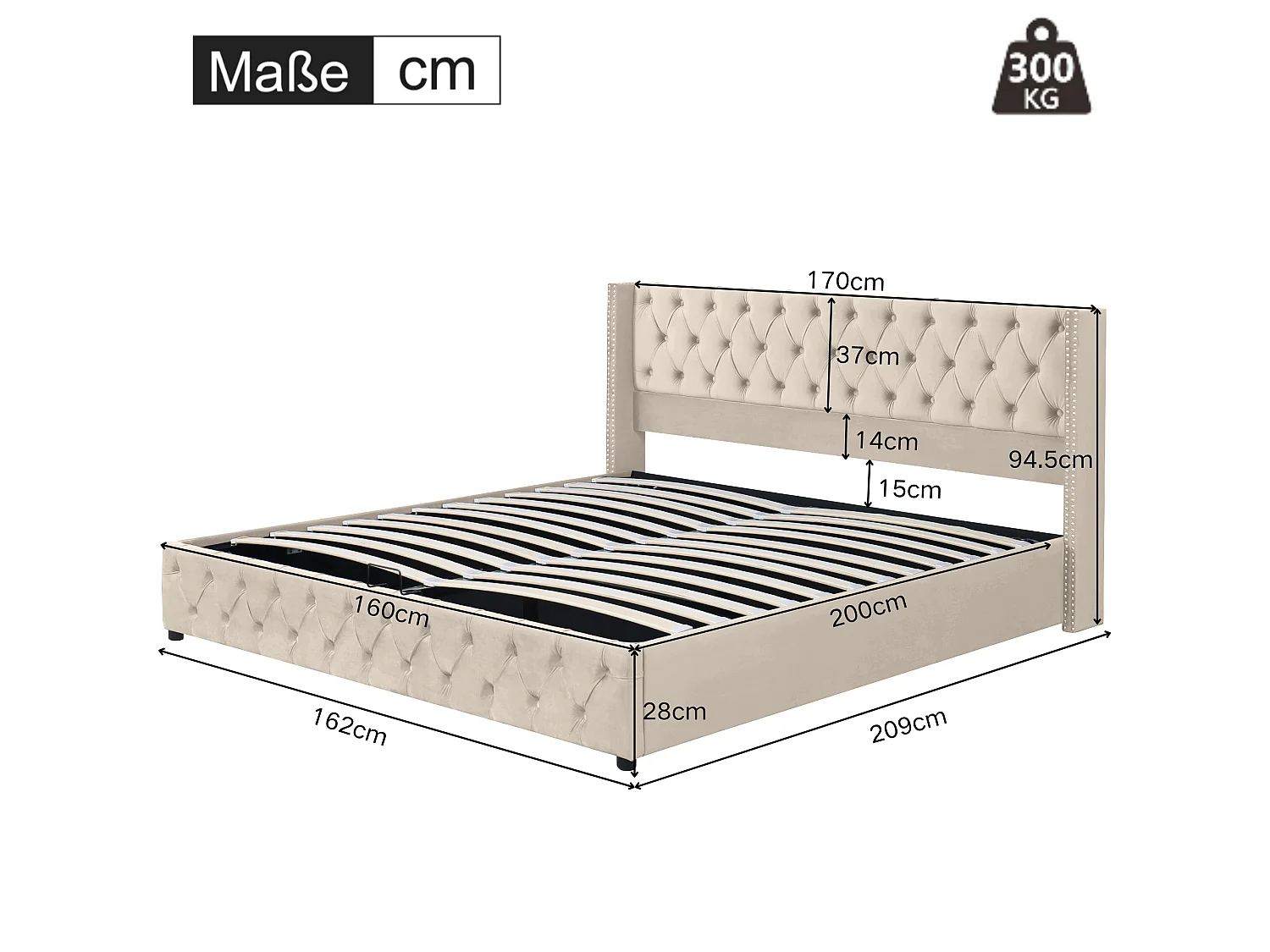 Lit coffre rembourré 160x200 cm rangement hydraulique, rangée de clous,velours, beige