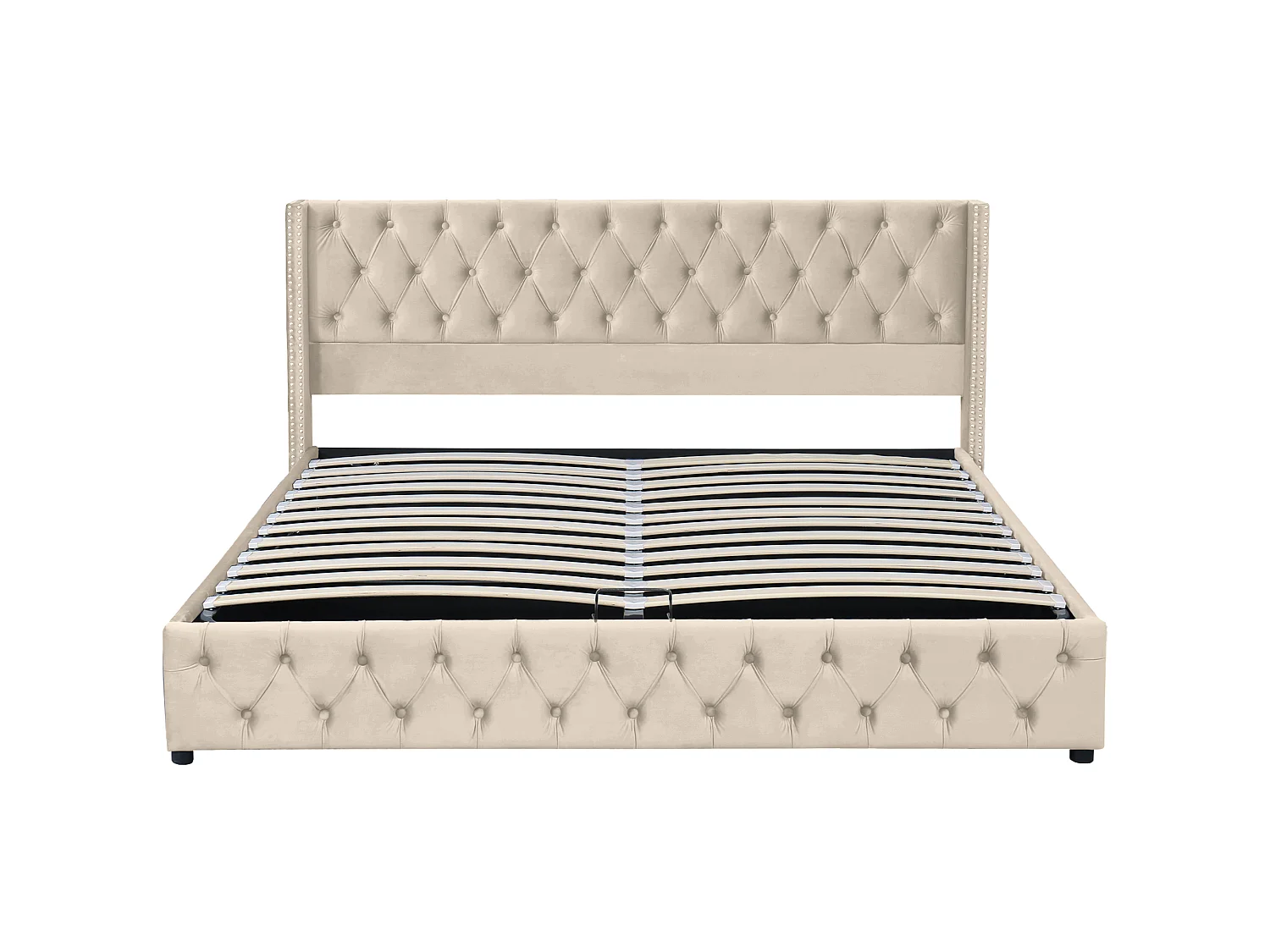 Lit coffre rembourré 160x200 cm rangement hydraulique, rangée de clous,velours, beige