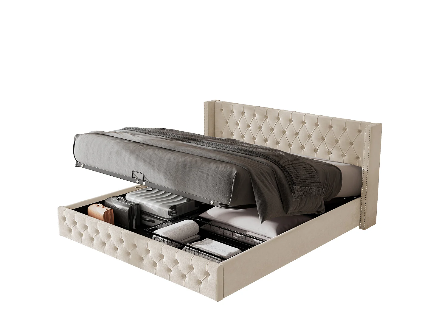 Lit coffre rembourré 160x200 cm rangement hydraulique, rangée de clous,velours, beige