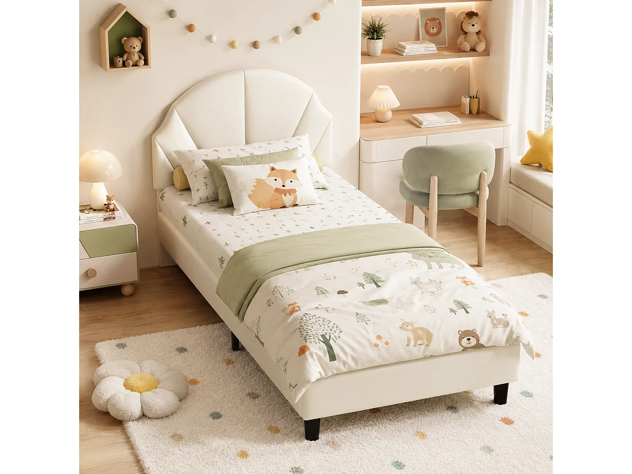 Lit Simple 90x190 cm, Lit Enfant Fille avec Tête de Lits Réglable en Hauteur, Cadre de Lit Capitonné pour Adolescent, Sommier à Lattes, Velours, Beige