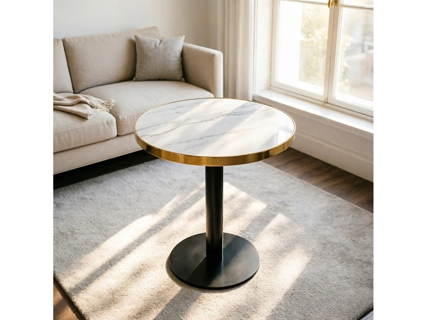 Table d'appoint ronde 60 cm effet marbre blanc - Pied en métal noir