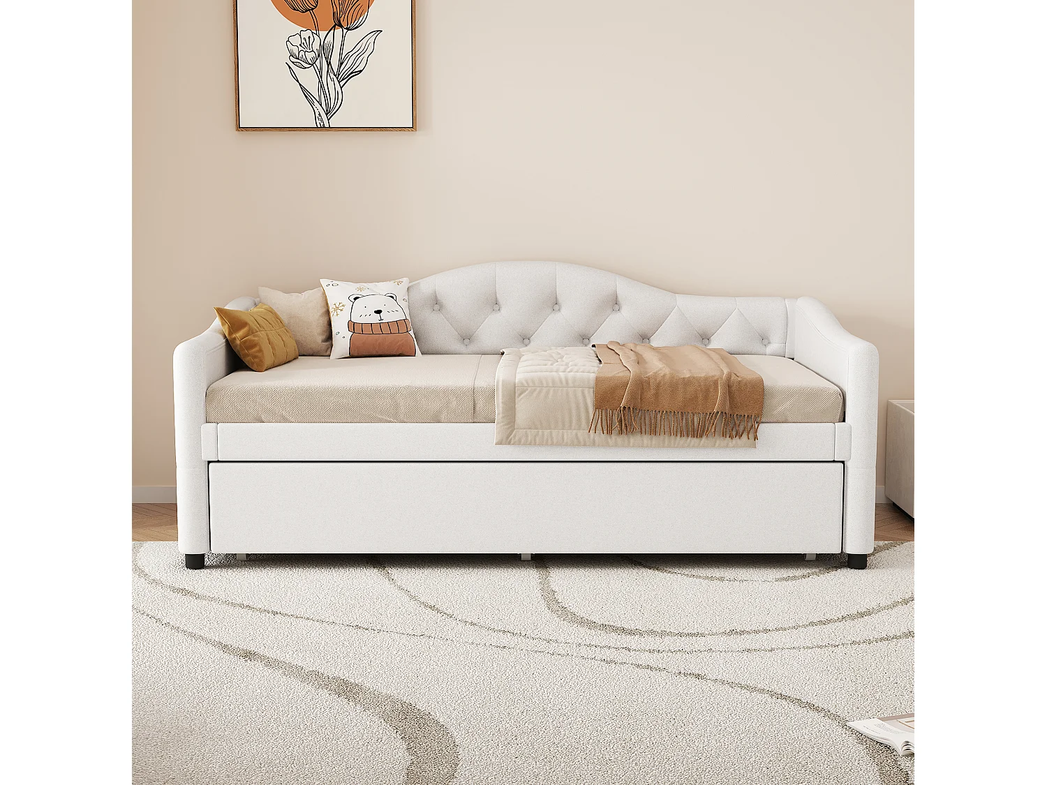 Dagbädd 90 x 200 cm med utdragbar säng 90 x 190 cm - Beige linnetyg