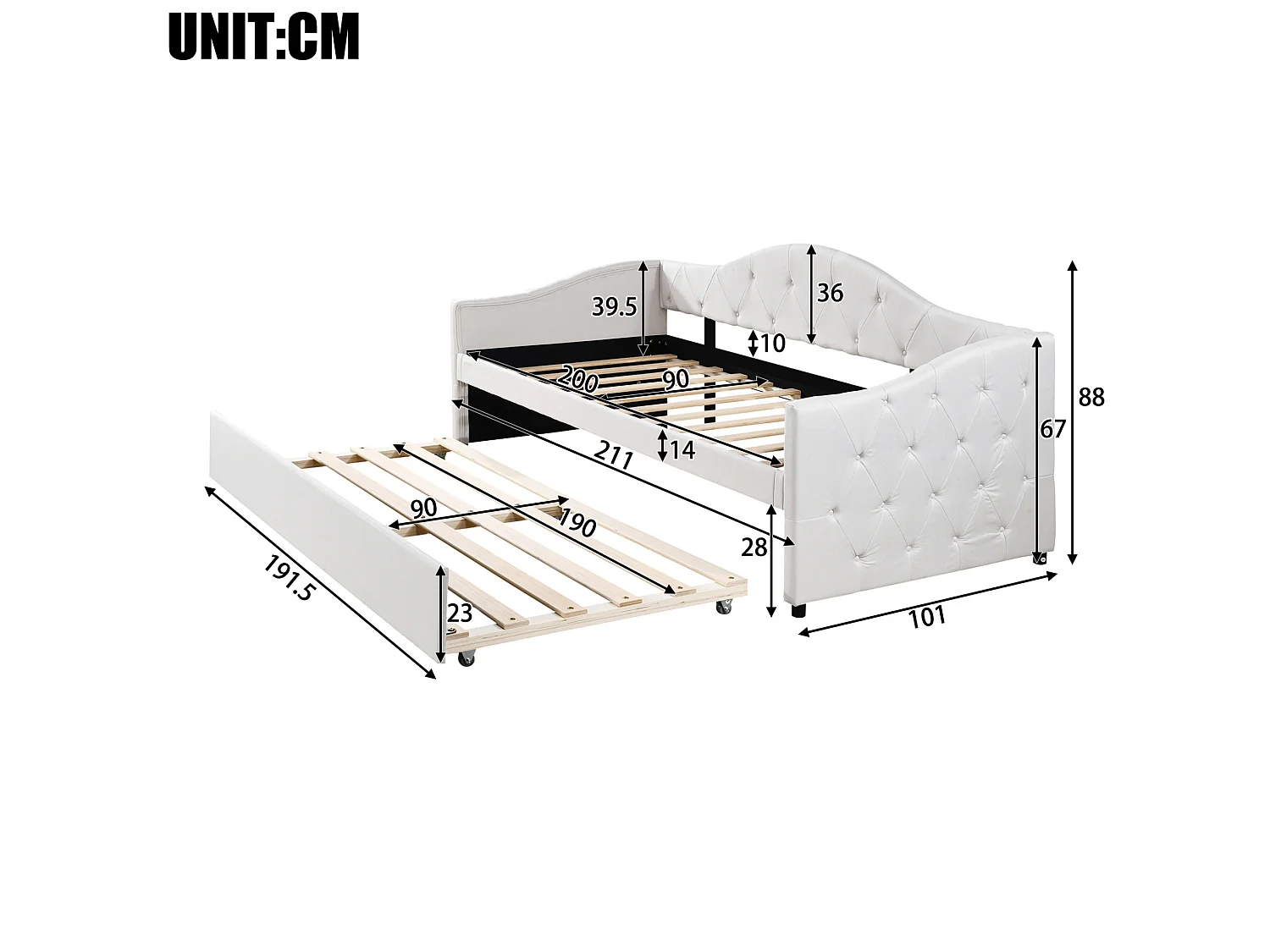 Dagbädd 90 x 200 cm med utdragbar säng 90 x 190 cm - Beige linnetyg