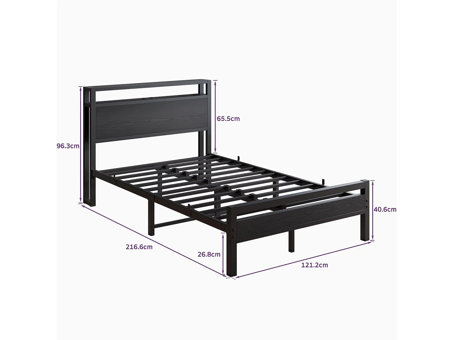 Kinderbed 120x200 cm met USB, LED en opbergruimte - MDF en zwart metaal