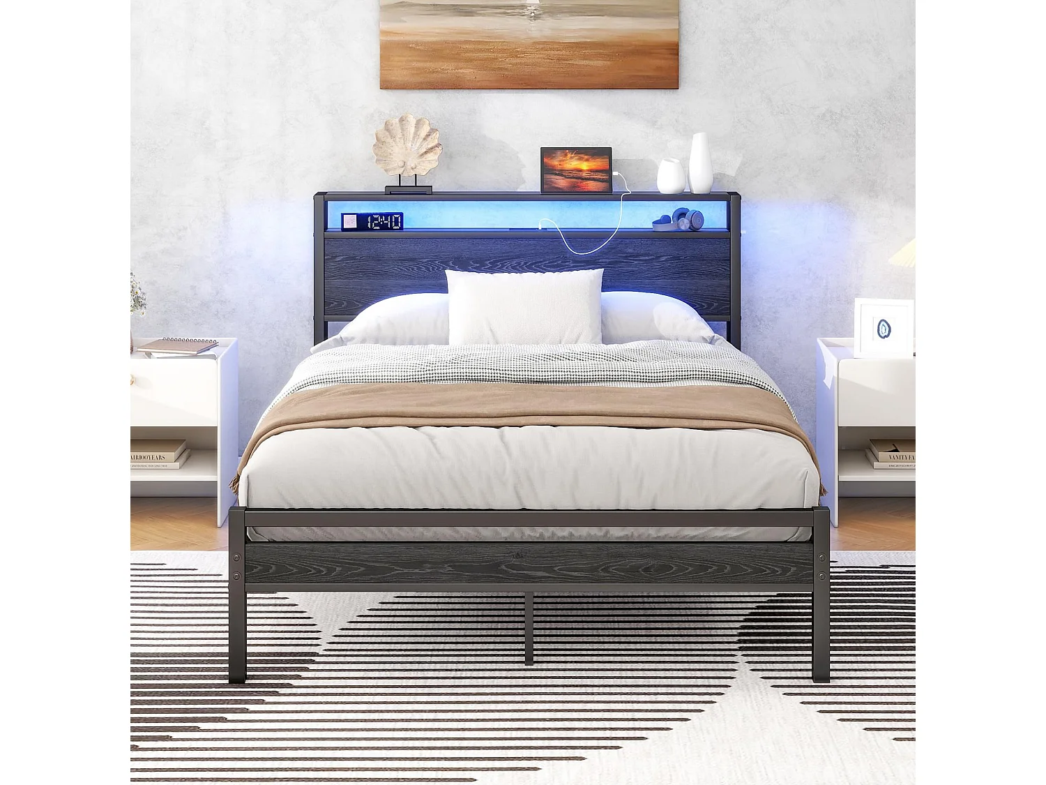 Kinderbed 120x200 cm met USB, LED en opbergruimte - MDF en zwart metaal