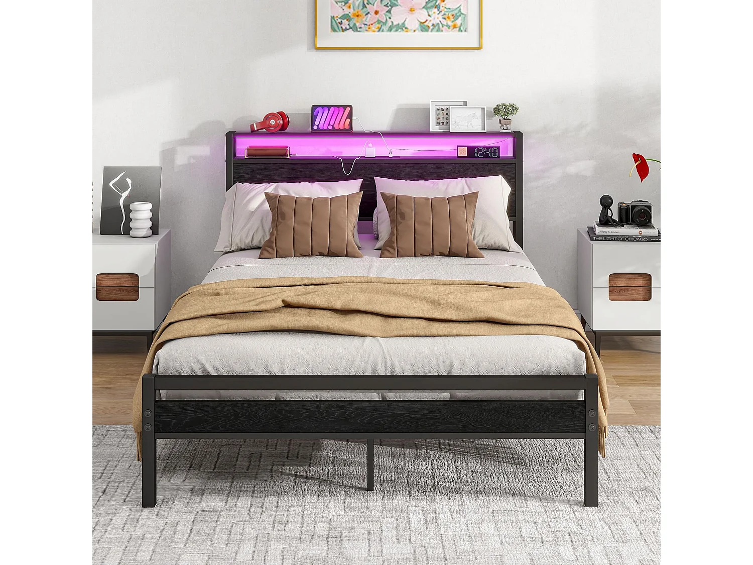 Kinderbed 120x200 cm met USB, LED en opbergruimte - MDF en zwart metaal