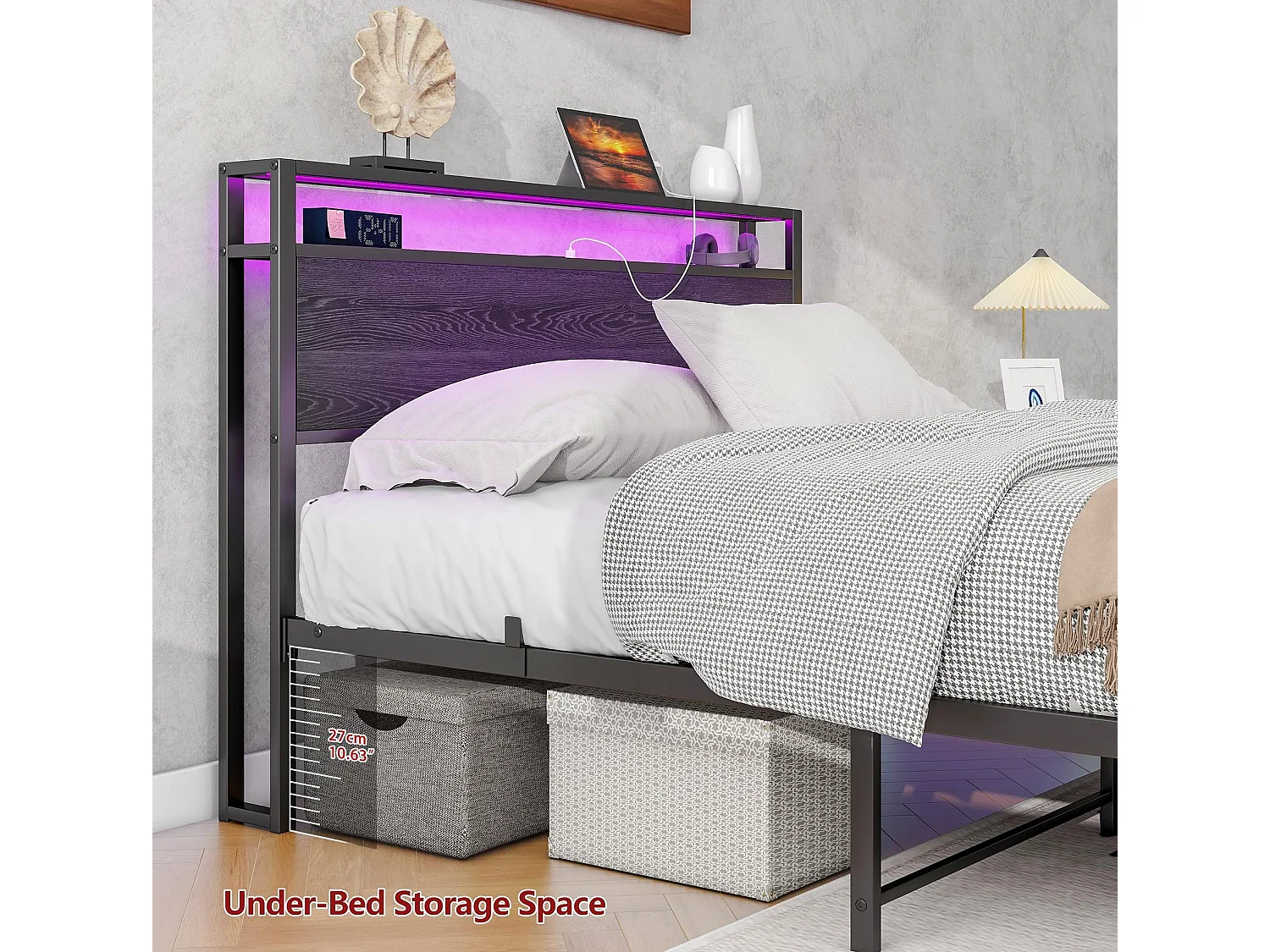 Kinderbed 120x200 cm met USB, LED en opbergruimte - MDF en zwart metaal