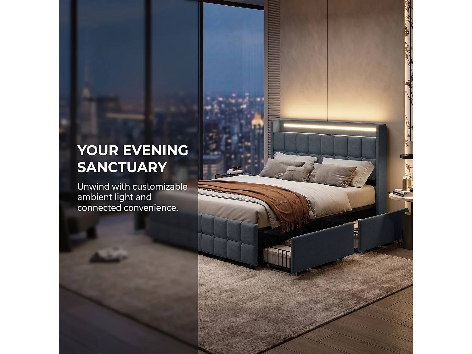 Lit 160x200 cm - Lit double 160 x 200 cm avec LED et USB - Lit coffre avec 4 tiroirs - lit adulte avec sommier à lattes - cadre de lit - tissu lin, gris