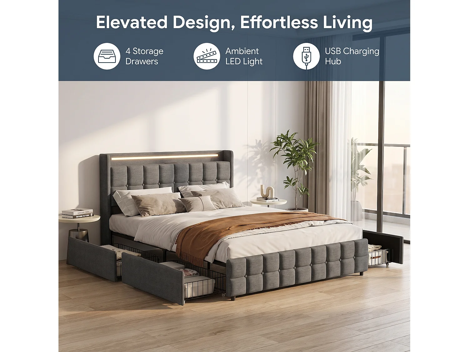 Lit 160x200 cm - Lit double 160 x 200 cm avec LED et USB - Lit coffre avec 4 tiroirs - lit adulte avec sommier à lattes - cadre de lit - tissu lin, gris