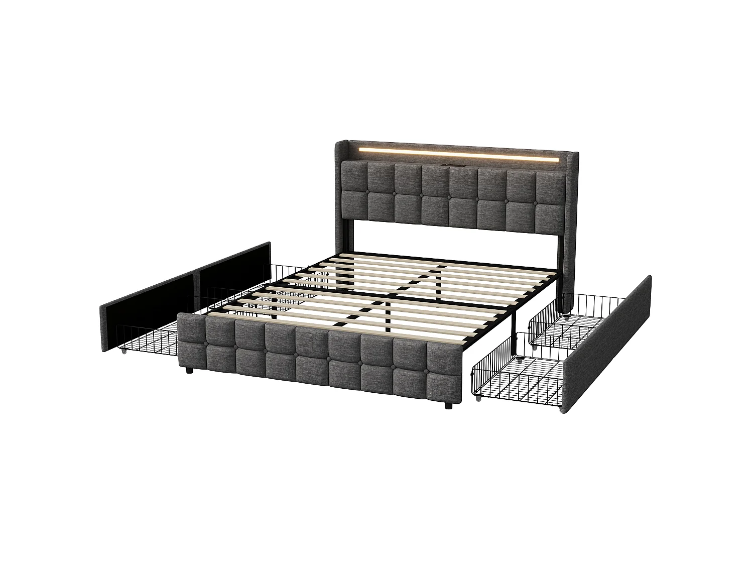 Lit 160x200 cm - Lit double 160 x 200 cm avec LED et USB - Lit coffre avec 4 tiroirs - lit adulte avec sommier à lattes - cadre de lit - tissu lin, gris