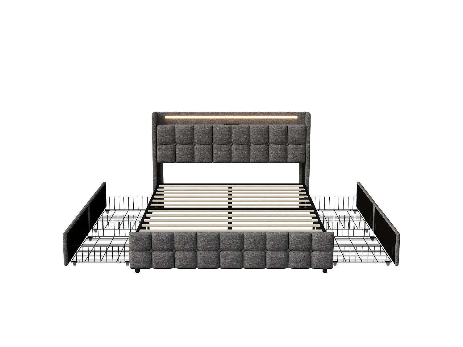 Lit 160x200 cm - Lit double 160 x 200 cm avec LED et USB - Lit coffre avec 4 tiroirs - lit adulte avec sommier à lattes - cadre de lit - tissu lin, gris