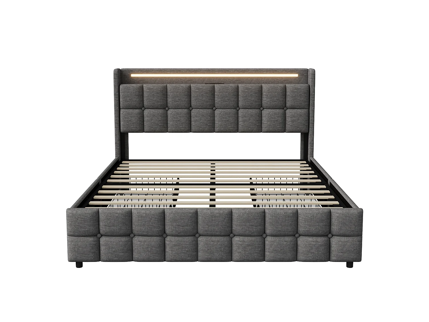 Lit 160x200 cm - Lit double 160 x 200 cm avec LED et USB - Lit coffre avec 4 tiroirs - lit adulte avec sommier à lattes - cadre de lit - tissu lin, gris