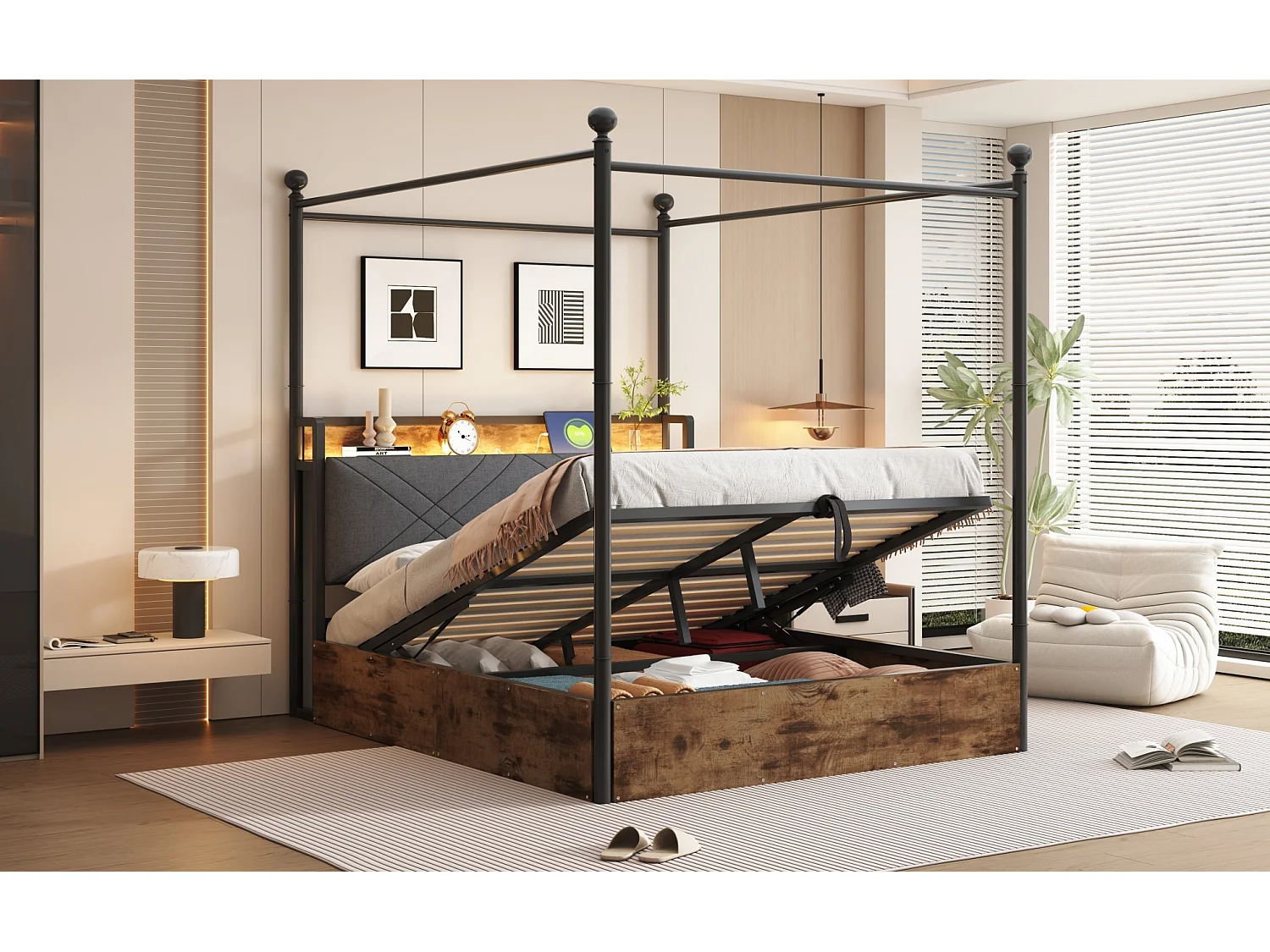 Lit coffre adulte 140x190 cm à baldaquin amovible avec USB/Type-C et rangement - Noir et bois foncé