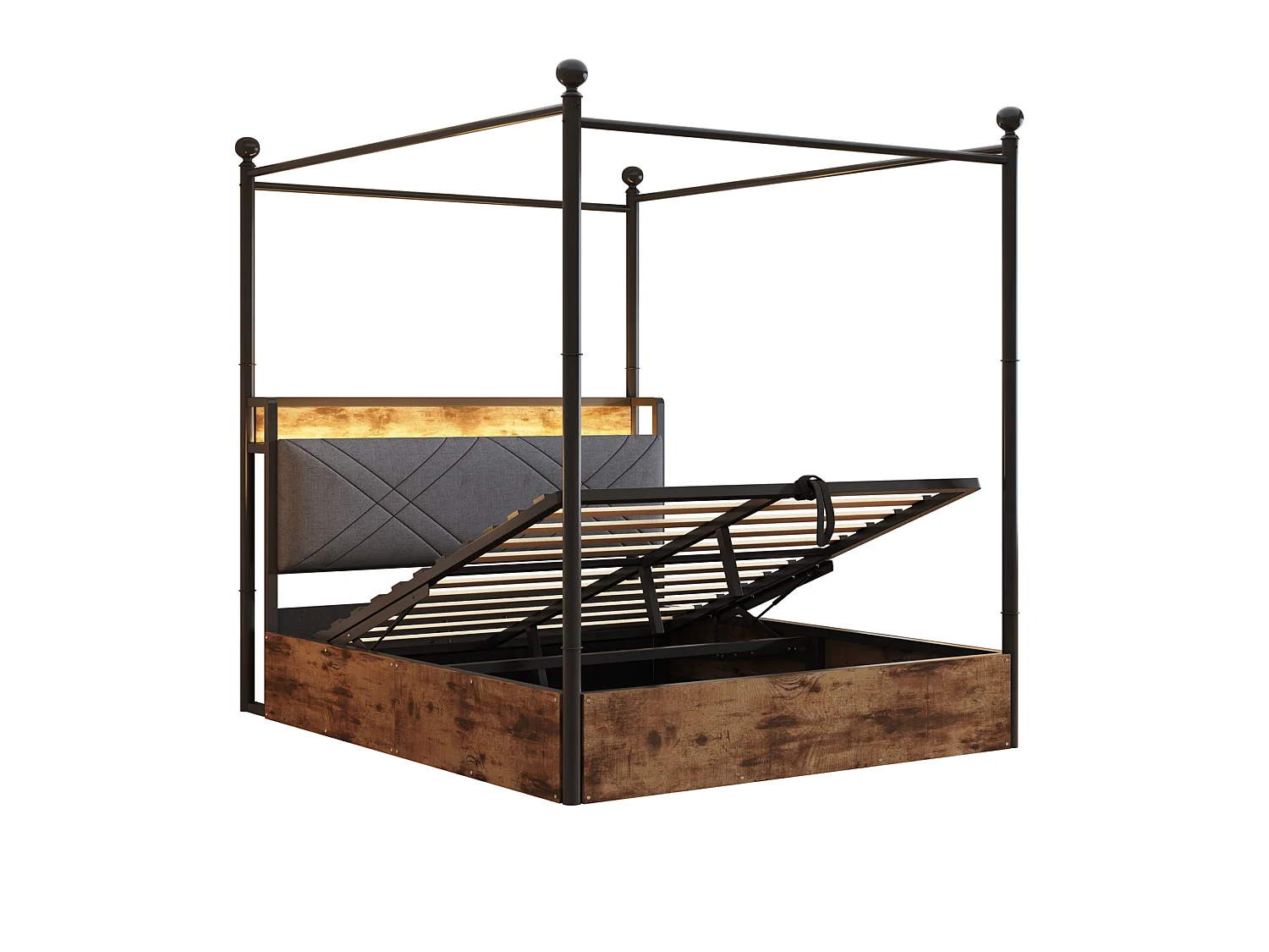 Lit coffre adulte 140x190 cm à baldaquin amovible avec USB/Type-C et rangement - Noir et bois foncé