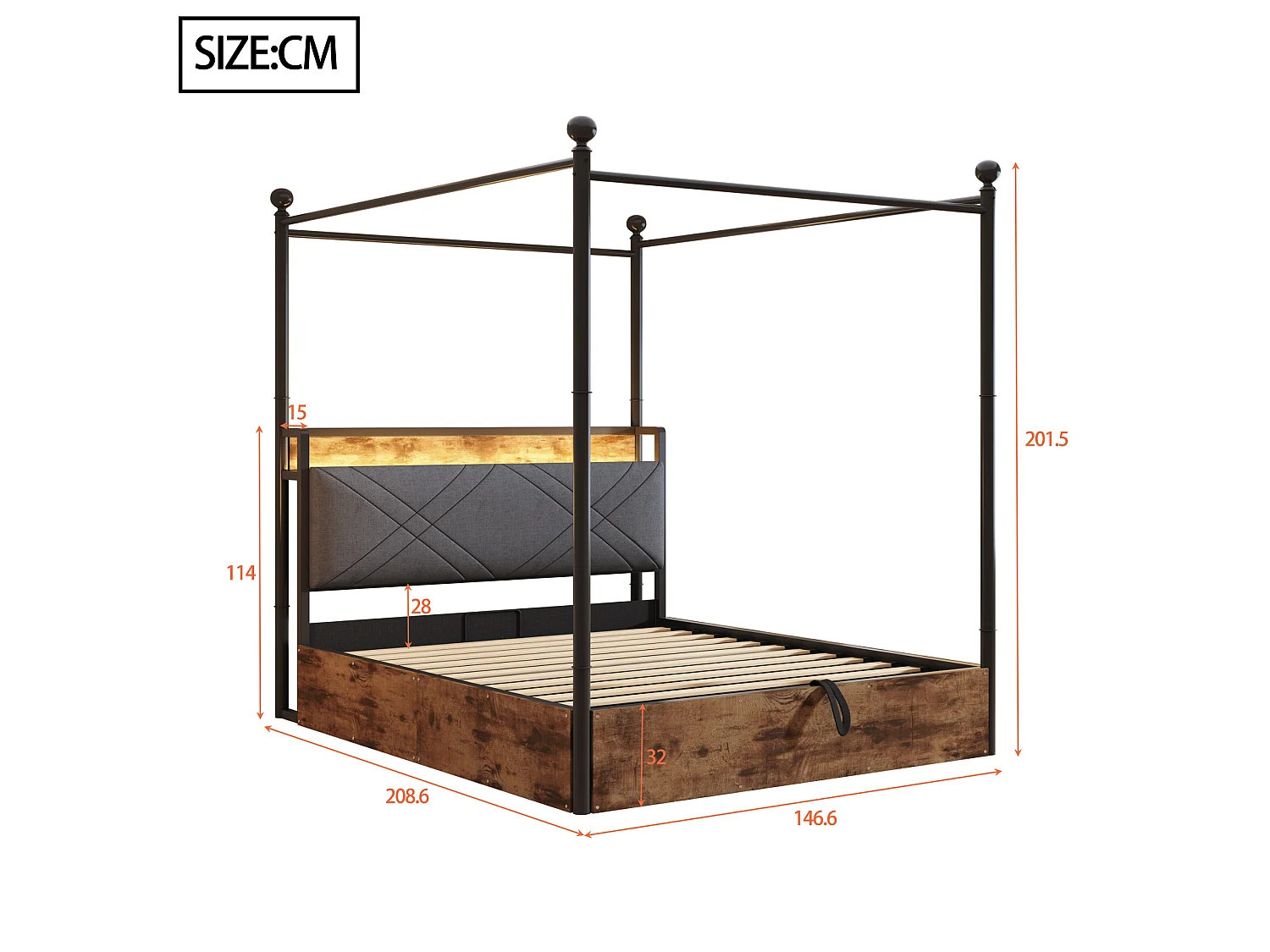 Lit coffre adulte 140x190 cm à baldaquin amovible avec USB/Type-C et rangement - Noir et bois foncé